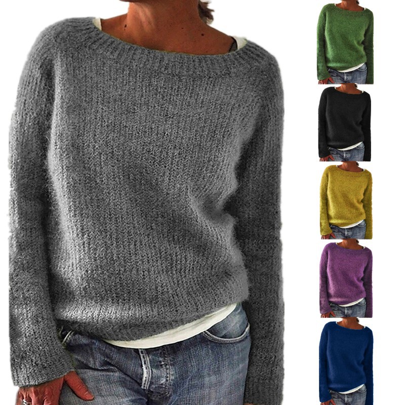 Women's Solid Crewneck Knit Sweater Slim Fit Pullover