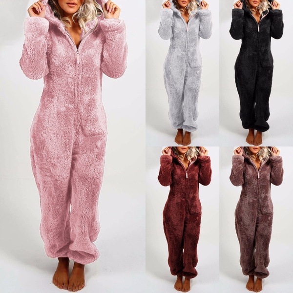 Women's Fleece-Lined Hooded Onesie Pajama Jumpsuit