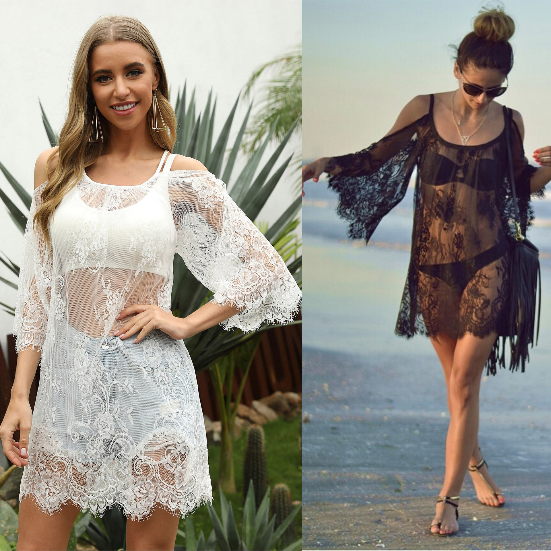 Sexy Sheer Lace Off-Shoulder Cami Beach Cover-Up