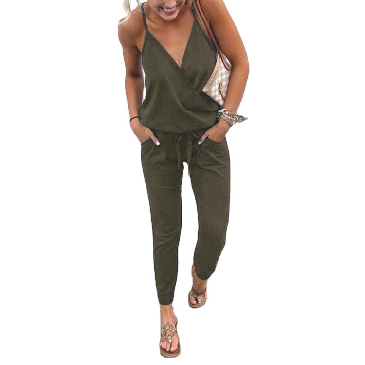 Women's Casual Tie-Front Open-Back Cami Jumpsuit with Pockets