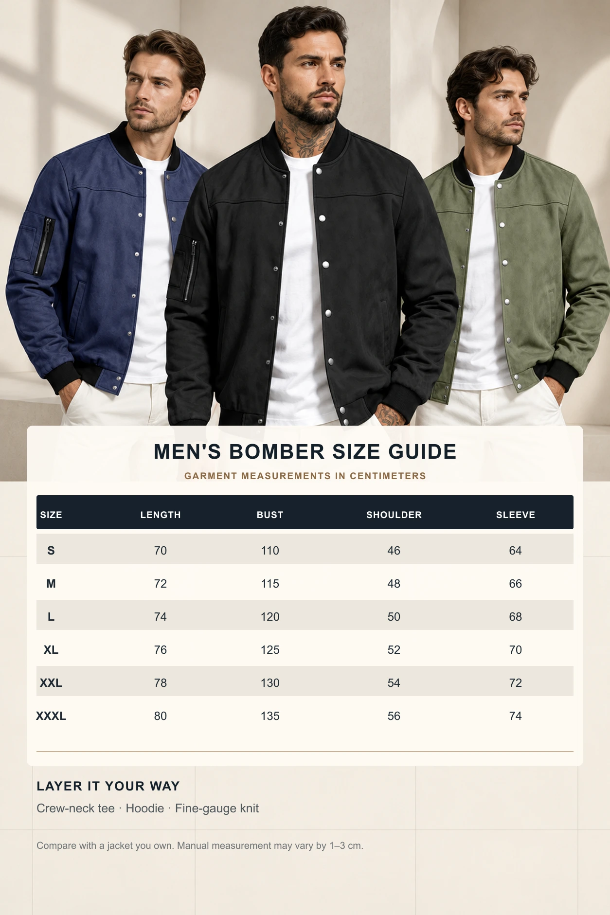 English size guide for men's bomber jacket in sizes S through XXXL