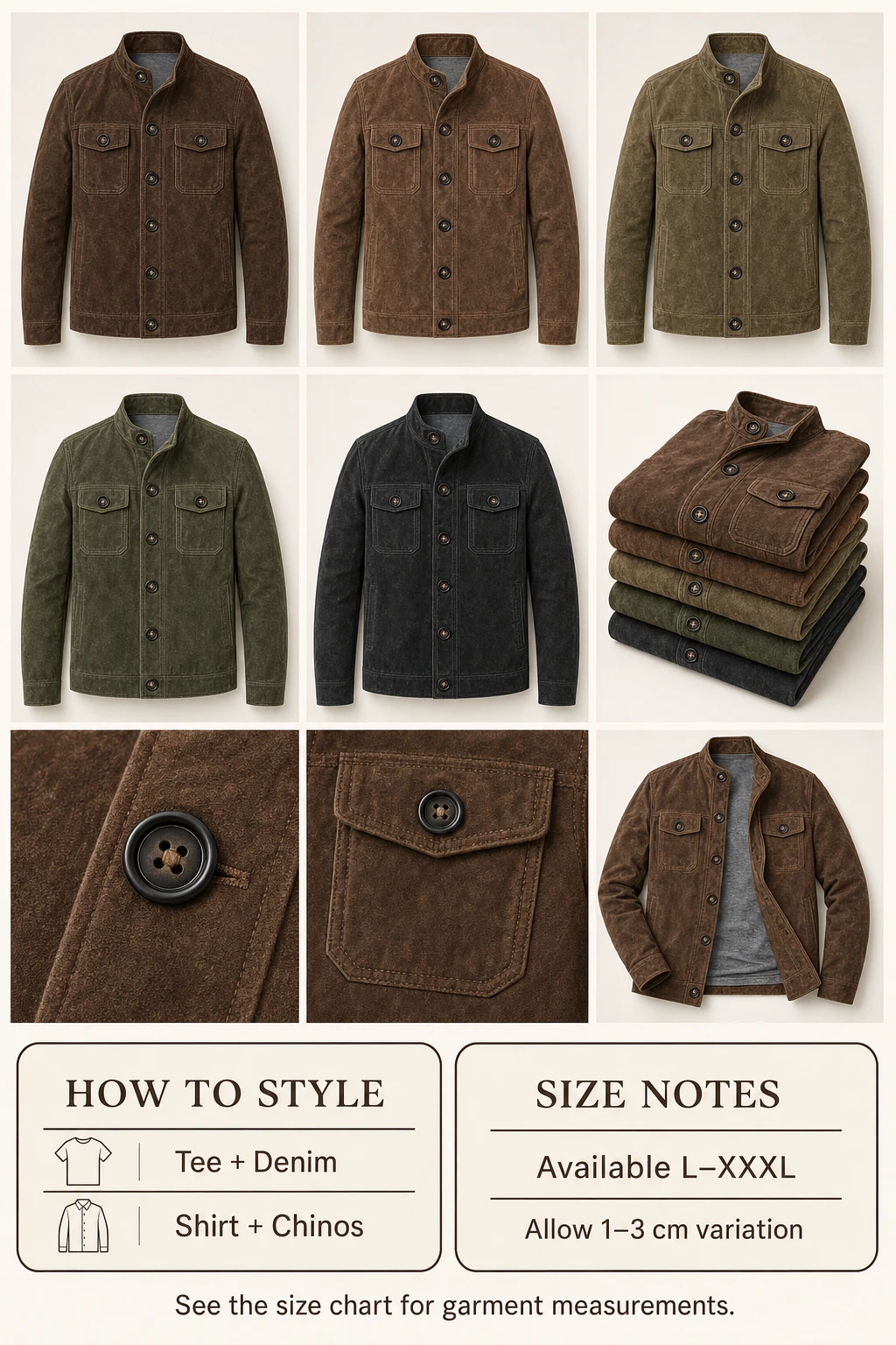 Five-color jacket collection with styling ideas and size notes