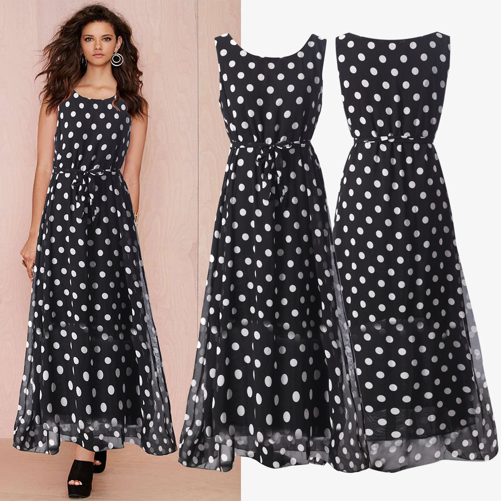 Black and White Polka Dot Chiffon High-Waist Tie-Front Maxi Dress
