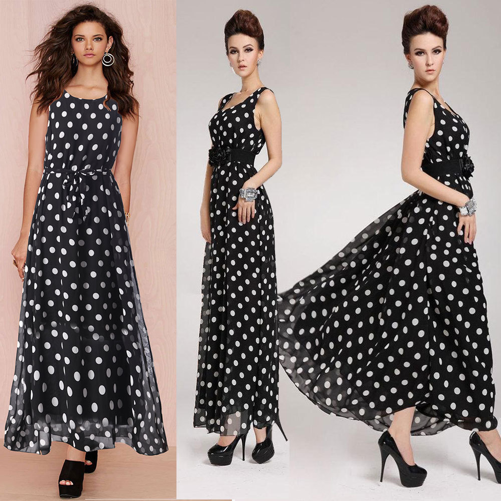 Black and White Polka Dot Chiffon High-Waist Tie-Front Maxi Dress