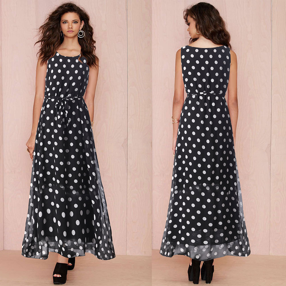 Black and White Polka Dot Chiffon High-Waist Tie-Front Maxi Dress