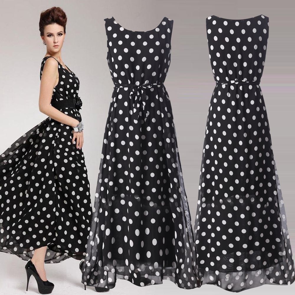 Black and White Polka Dot Chiffon High-Waist Tie-Front Maxi Dress