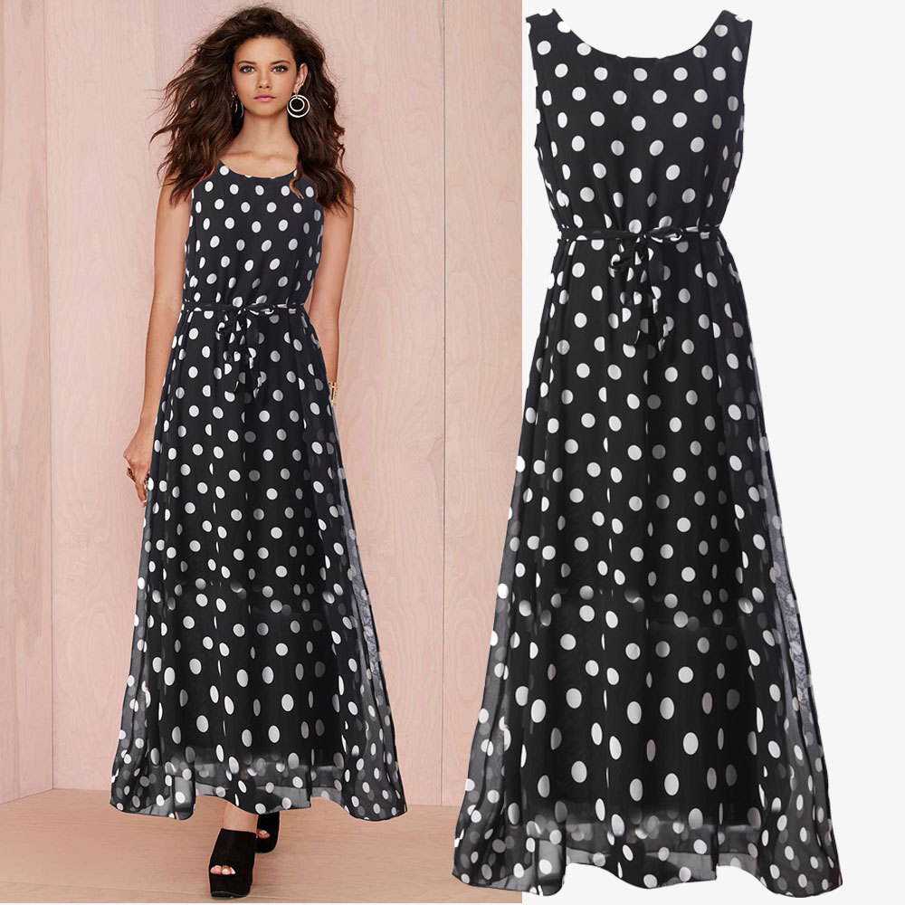 Black and White Polka Dot Chiffon High-Waist Tie-Front Maxi Dress