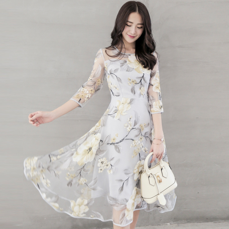 Women's Round Neck Printed Organza Midi Dress with Flared Skirt and Cinched Waist