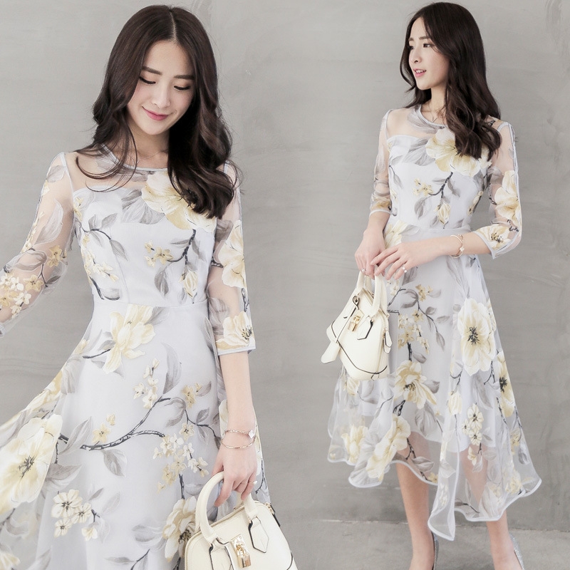 Women's Round Neck Printed Organza Midi Dress with Flared Skirt and Cinched Waist