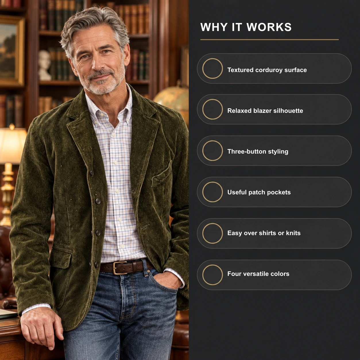 Mature man wearing an army green corduroy blazer with six product highlights