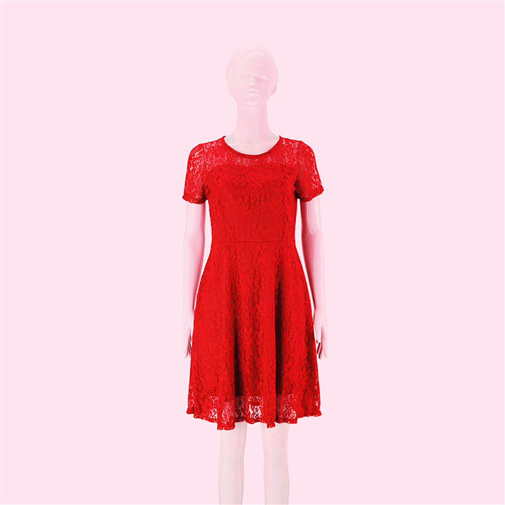 Women's Summer Lace Trim Short Sleeve Round Neck A-Line Dress