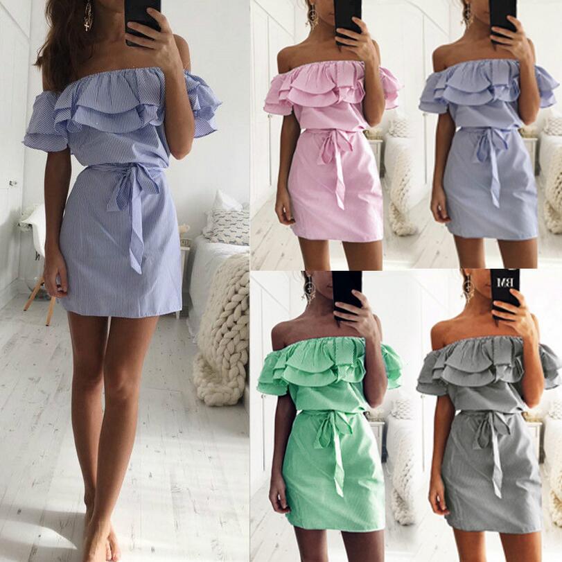 Striped Off-Shoulder Ruffle-Sleeve Dress