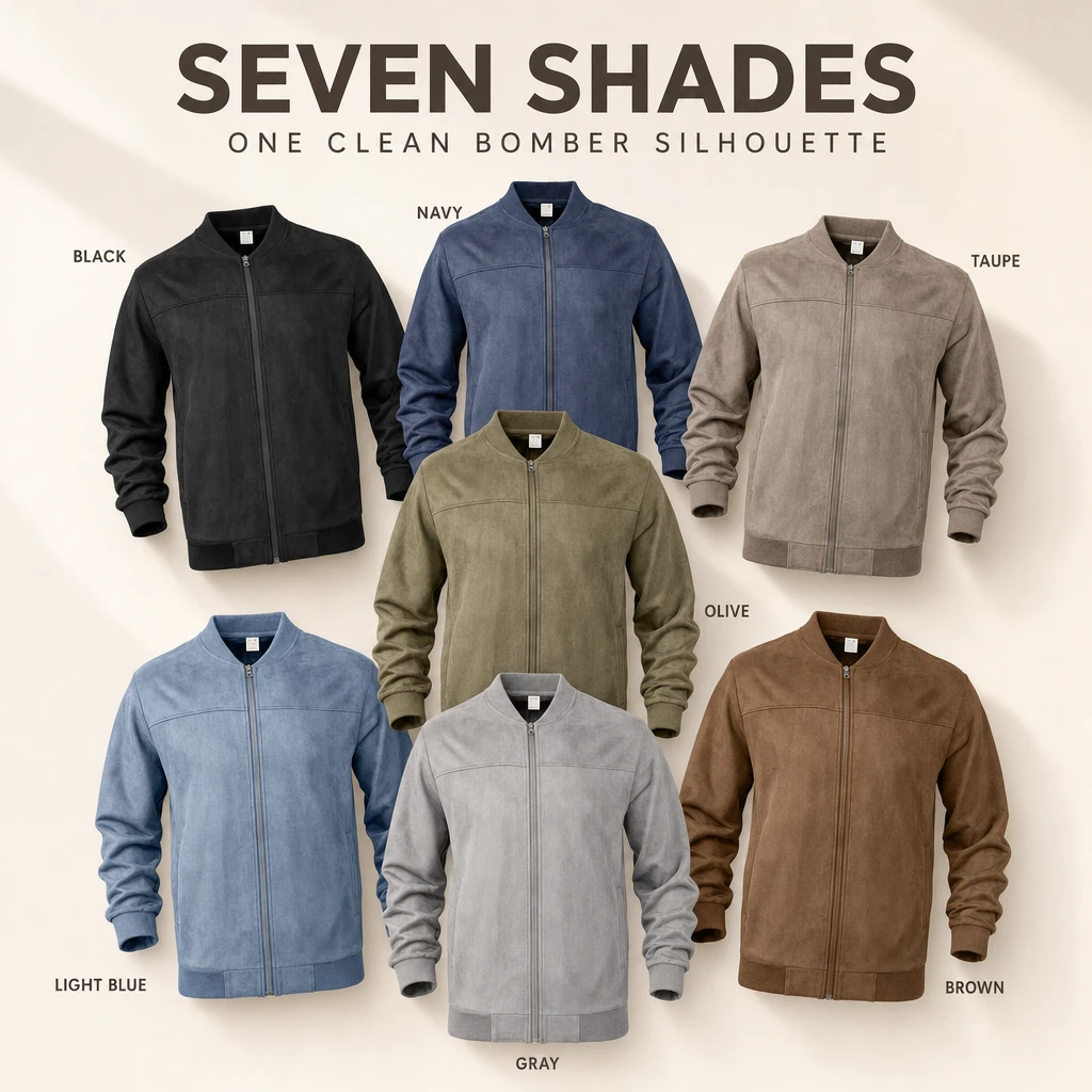 Seven colors of the men's suede-look full-zip bomber jacket