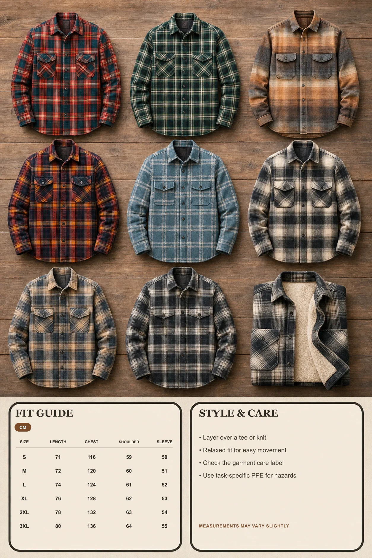 Plaid shirt collection, size chart, and styling overview