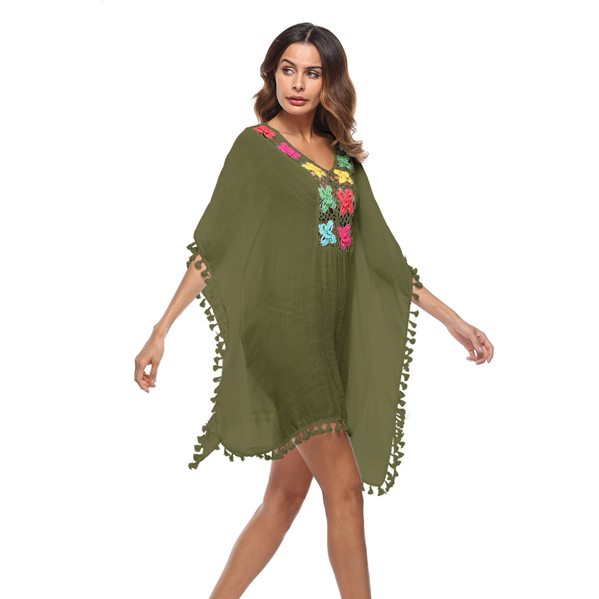 Sexy Crochet Lantern Tassel Cutout Cover-Up Dress