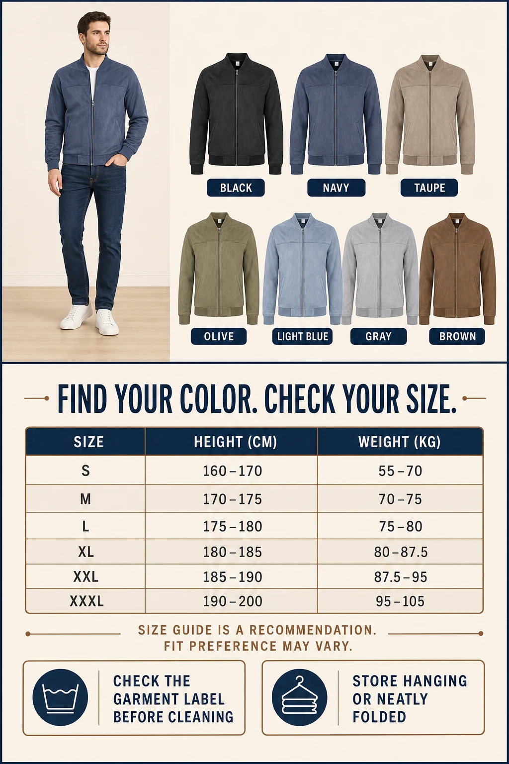 Seven jacket colors with size recommendation table and garment care reminders