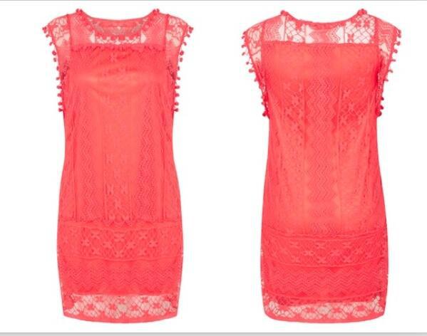 White Lace Sleeveless Dress with Pom-Pom Trim and Lining