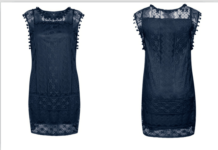 White Lace Sleeveless Dress with Pom-Pom Trim and Lining