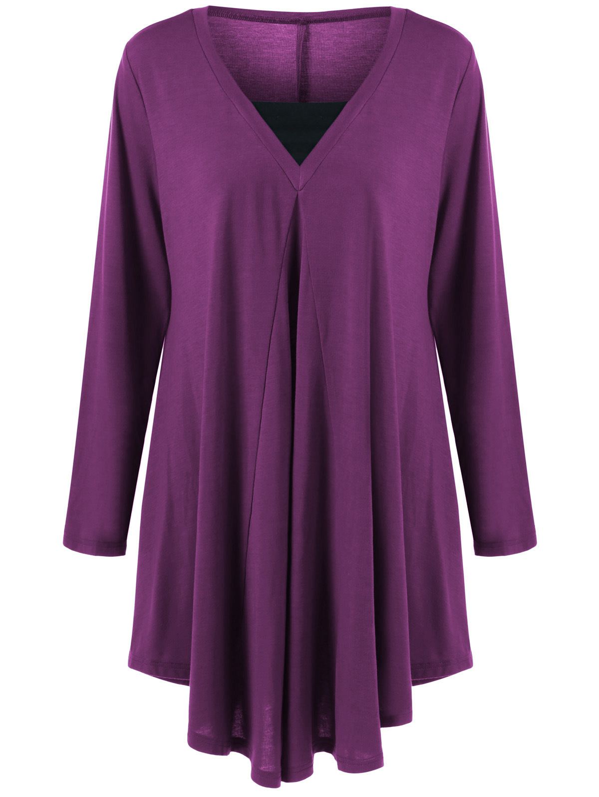 V-Neck Long Sleeve Asymmetric Faux Two-Piece Dress Plus Size