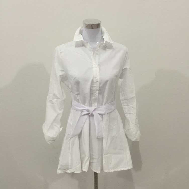 White Button-Down Shirt Dress with Belt, High Waist, Long Sleeve