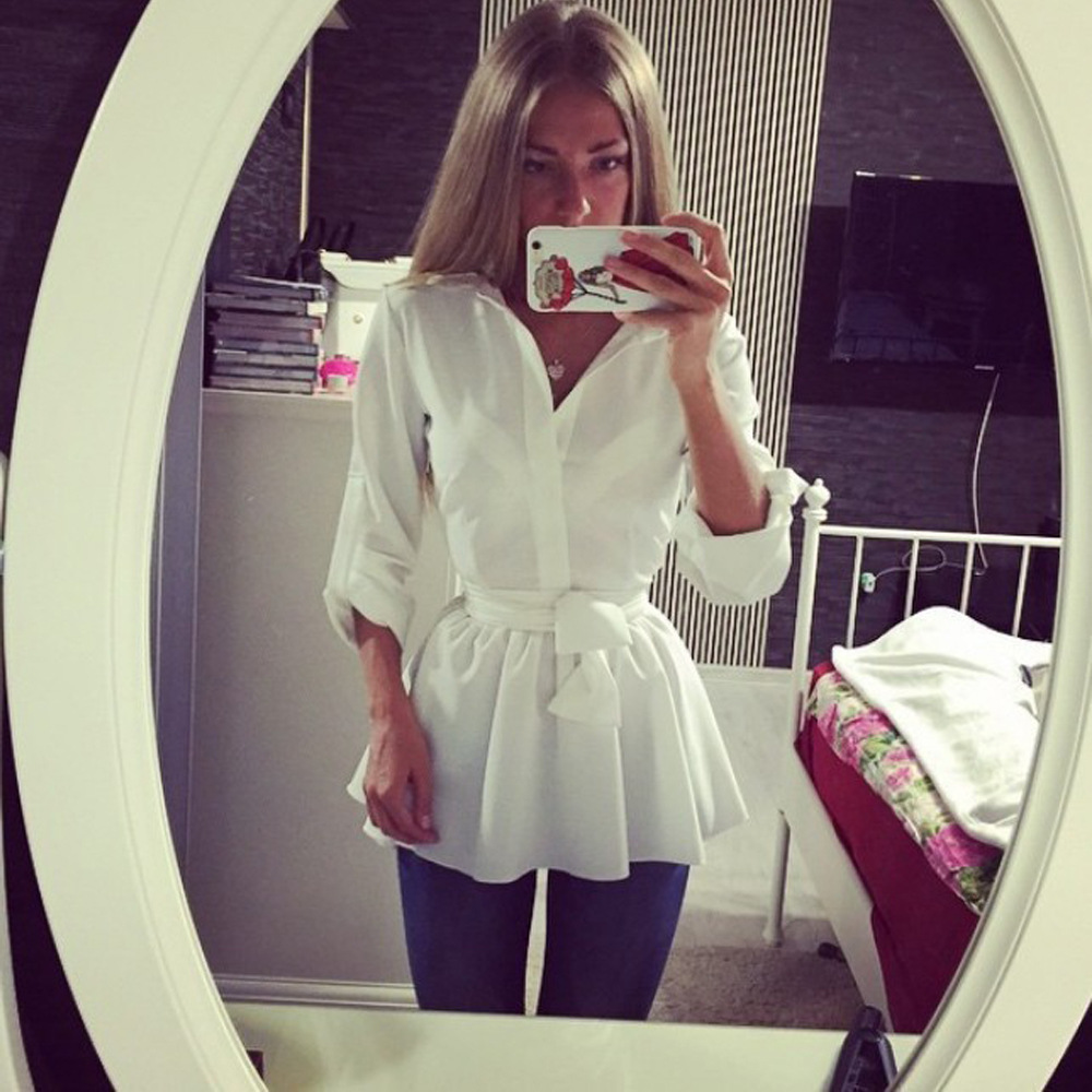 White Button-Down Shirt Dress with Belt, High Waist, Long Sleeve
