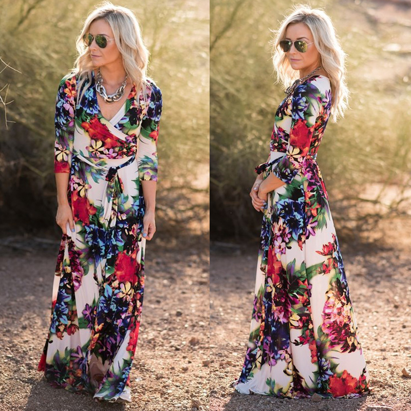 Women's Floral Digital Print V-Neck High Waist Midi Dress with Belt