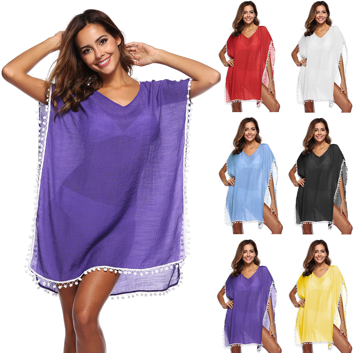 Women's Loose Knit Bubble Cover-Up Dress Short V-Neck Batwing Sleeve