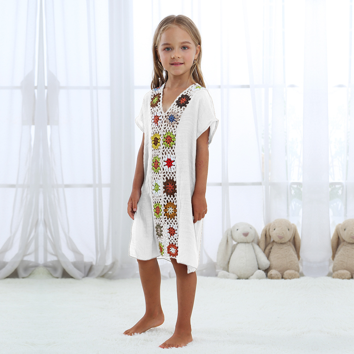 Kids' Crochet Floral Patchwork Long Loose Slit Dress
