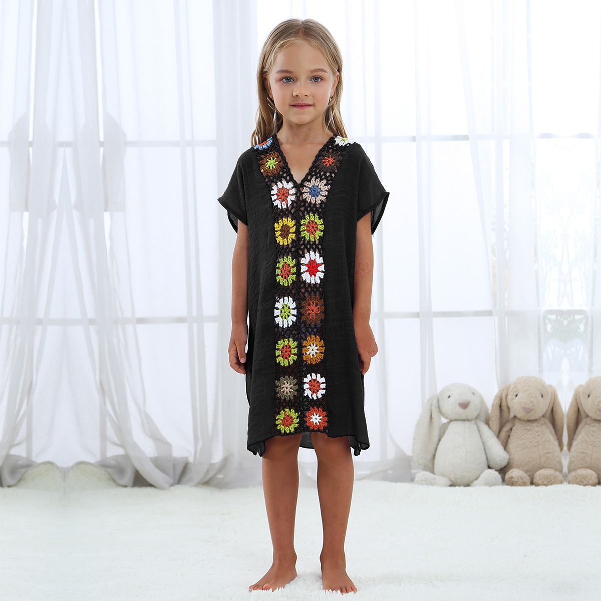 Kids' Crochet Floral Patchwork Long Loose Slit Dress