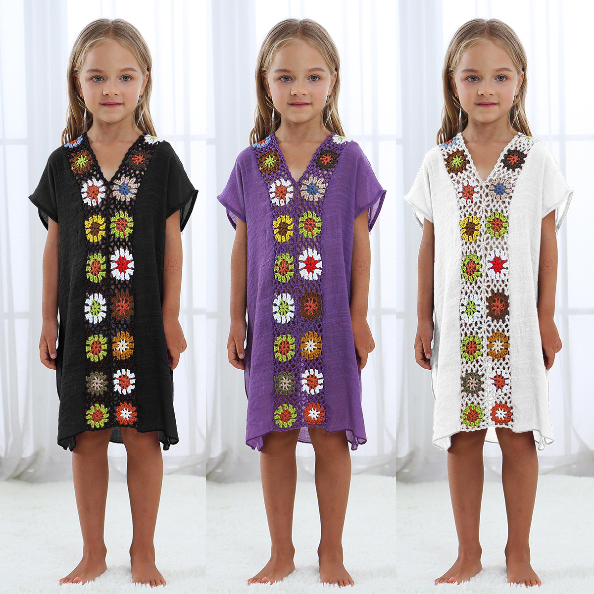 Kids' Crochet Floral Patchwork Long Loose Slit Dress