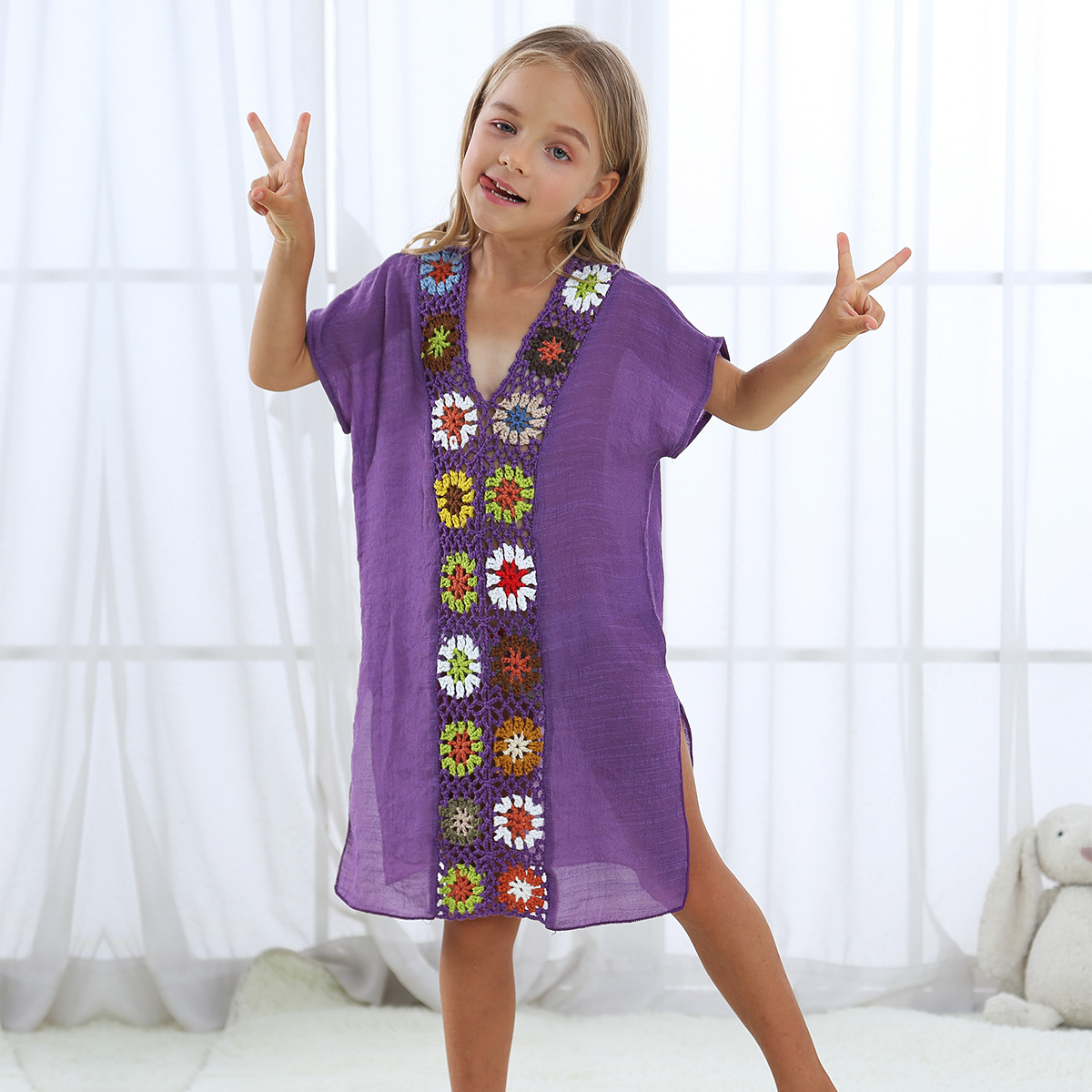 Kids' Crochet Floral Patchwork Long Loose Slit Dress