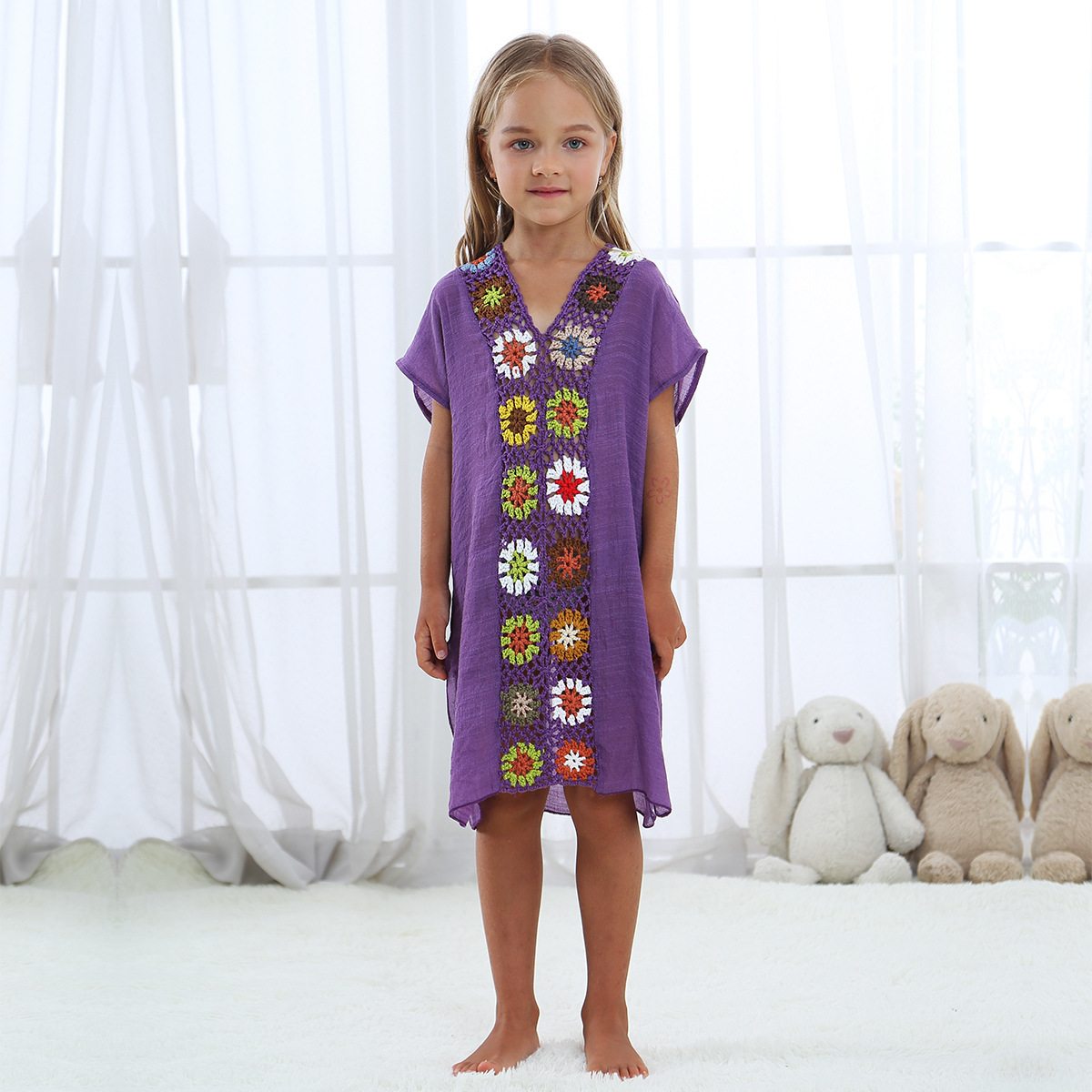 Kids' Crochet Floral Patchwork Long Loose Slit Dress