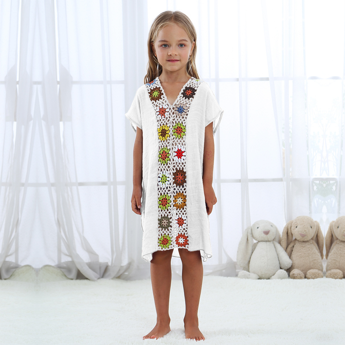 Kids' Crochet Floral Patchwork Long Loose Slit Dress