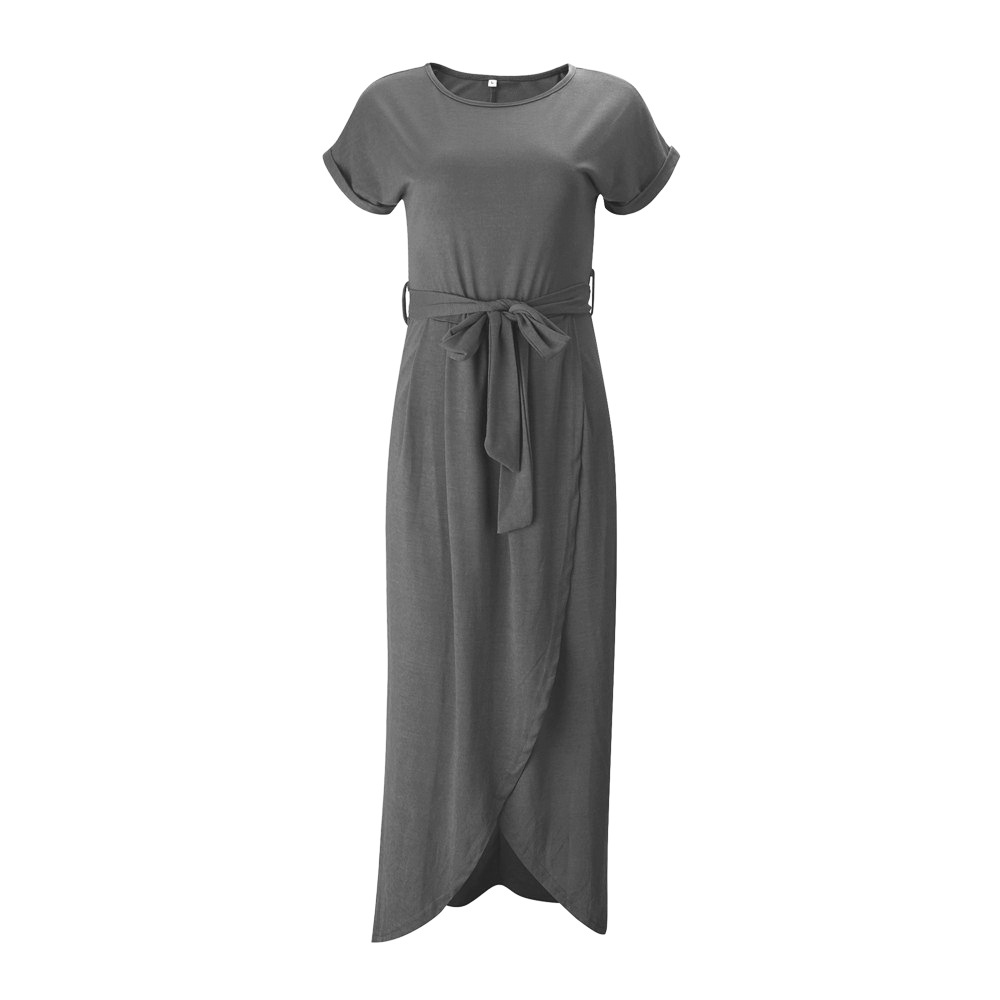 Women's Solid Color Pleated Short Sleeve Round Neck Irregular Dress