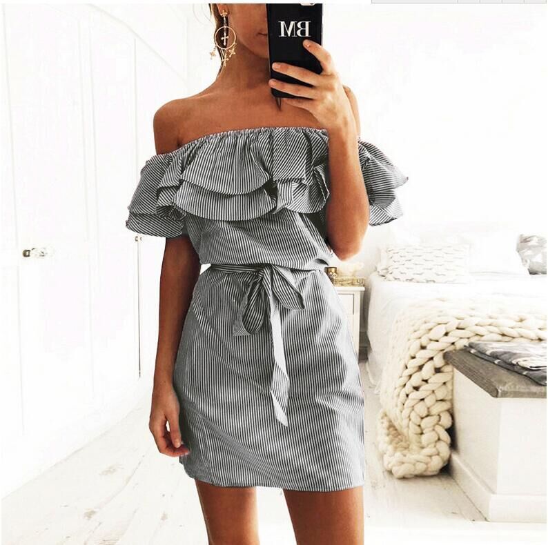 Striped Off-Shoulder Ruffle-Sleeve Dress