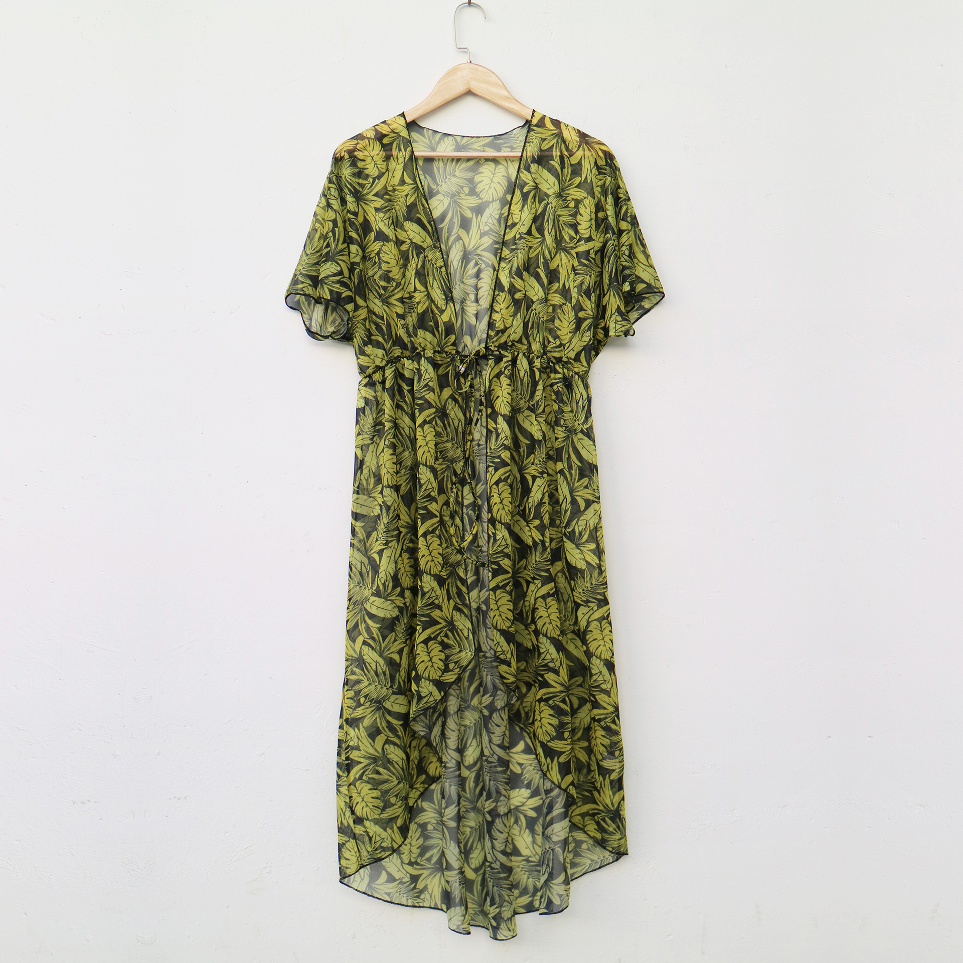 Women's Leaf Print Tie-Front Open Cardigan Loose Irregular Sun Protection Cover-Up