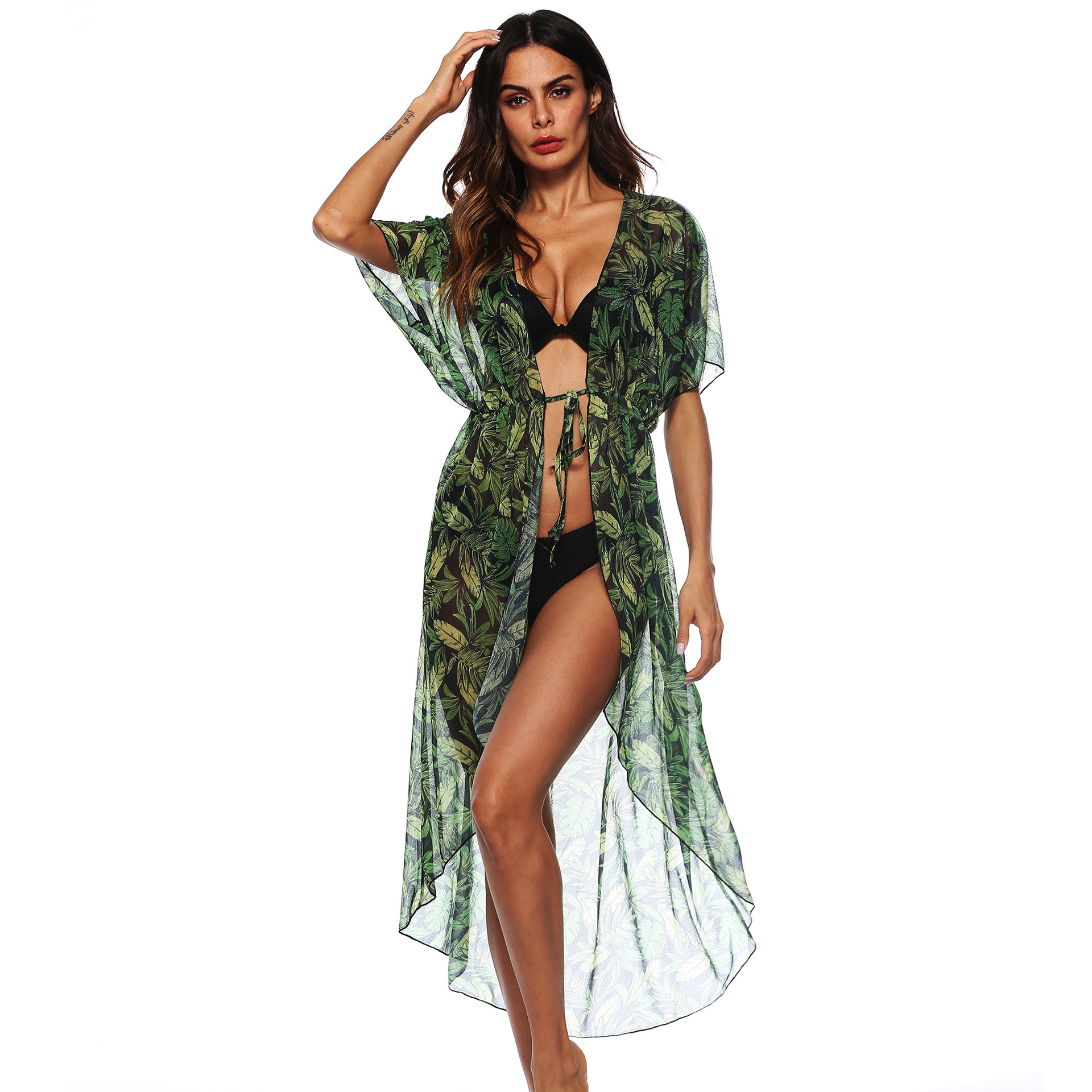 Women's Leaf Print Tie-Front Open Cardigan Loose Irregular Sun Protection Cover-Up