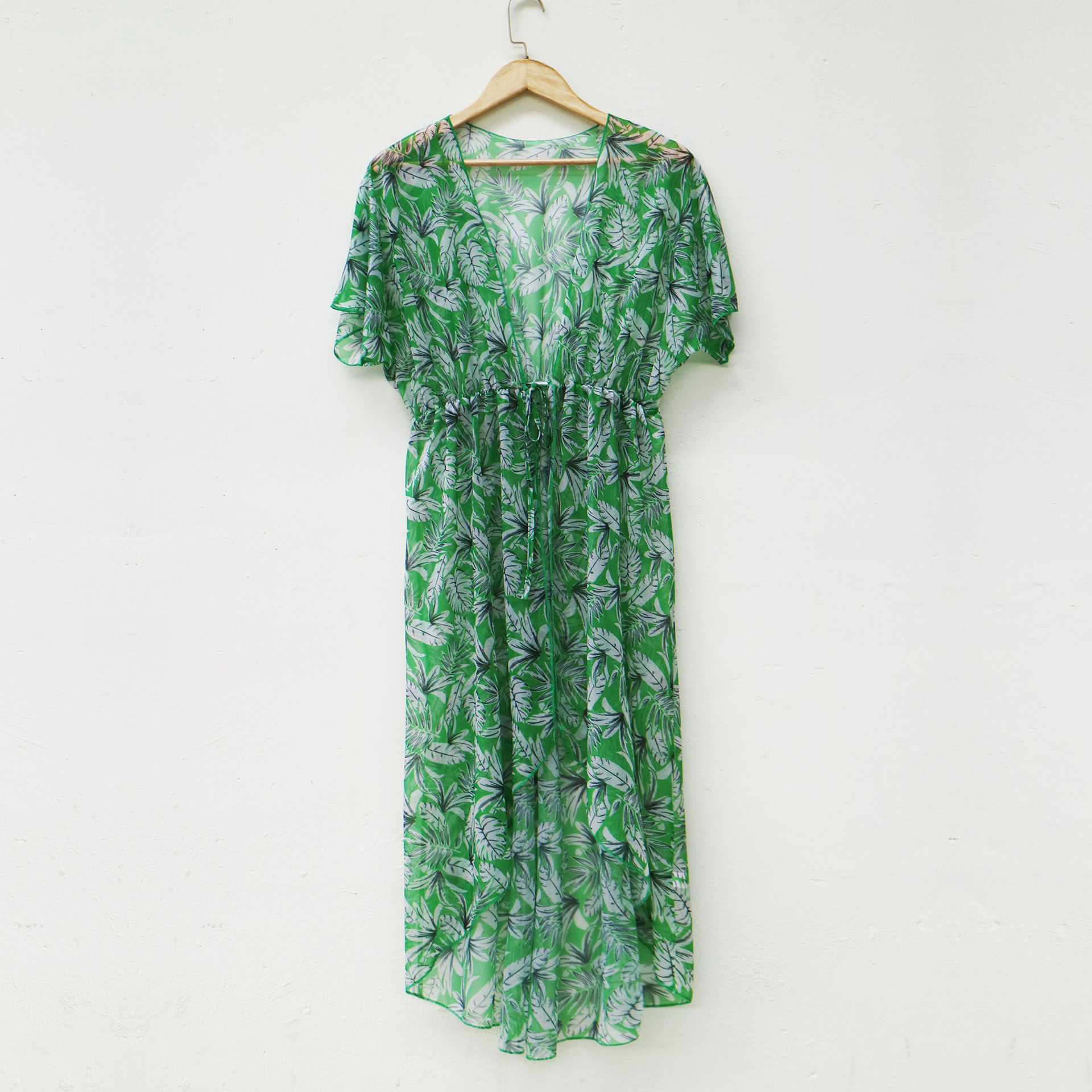 Women's Leaf Print Tie-Front Open Cardigan Loose Irregular Sun Protection Cover-Up