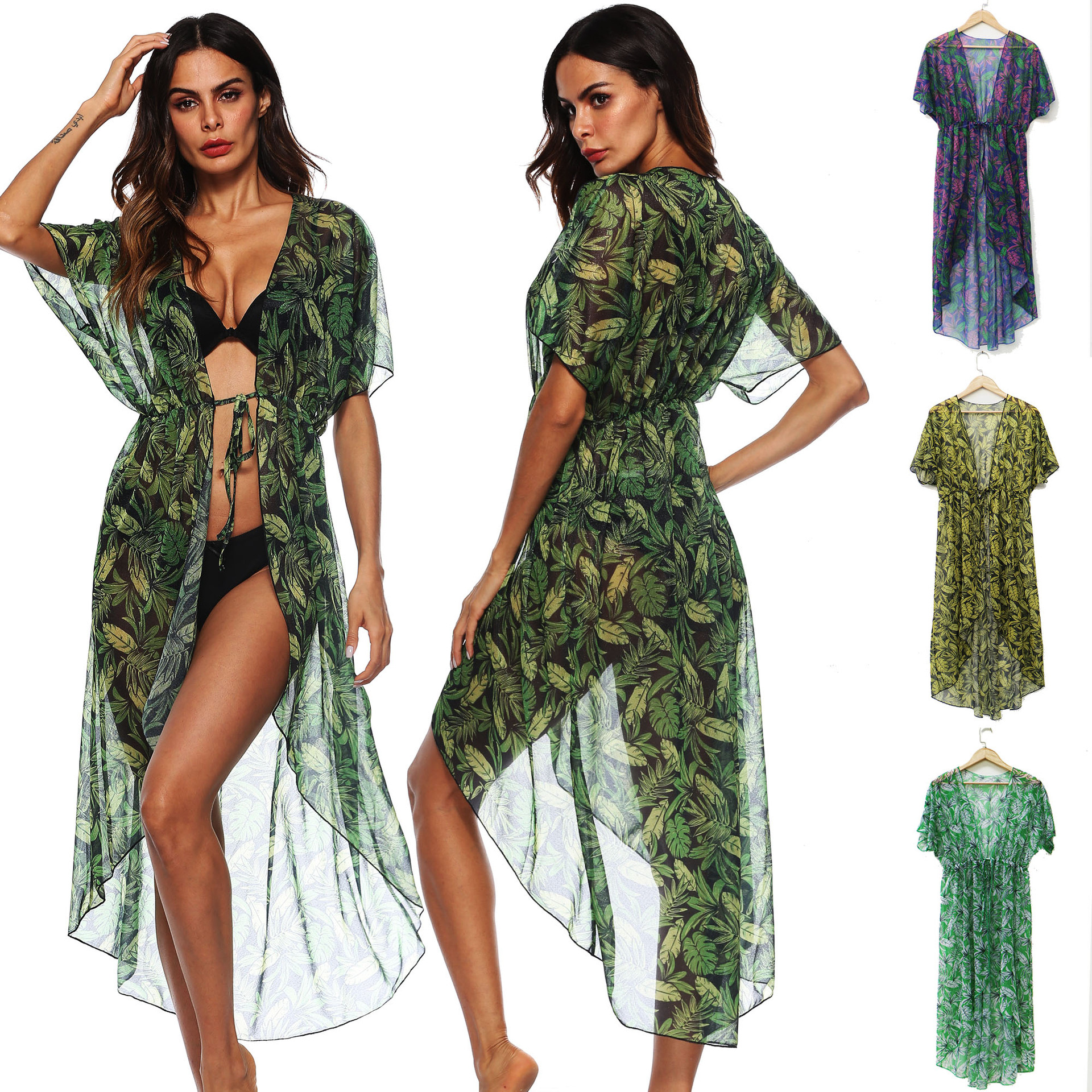 Women's Leaf Print Tie-Front Open Cardigan Loose Irregular Sun Protection Cover-Up