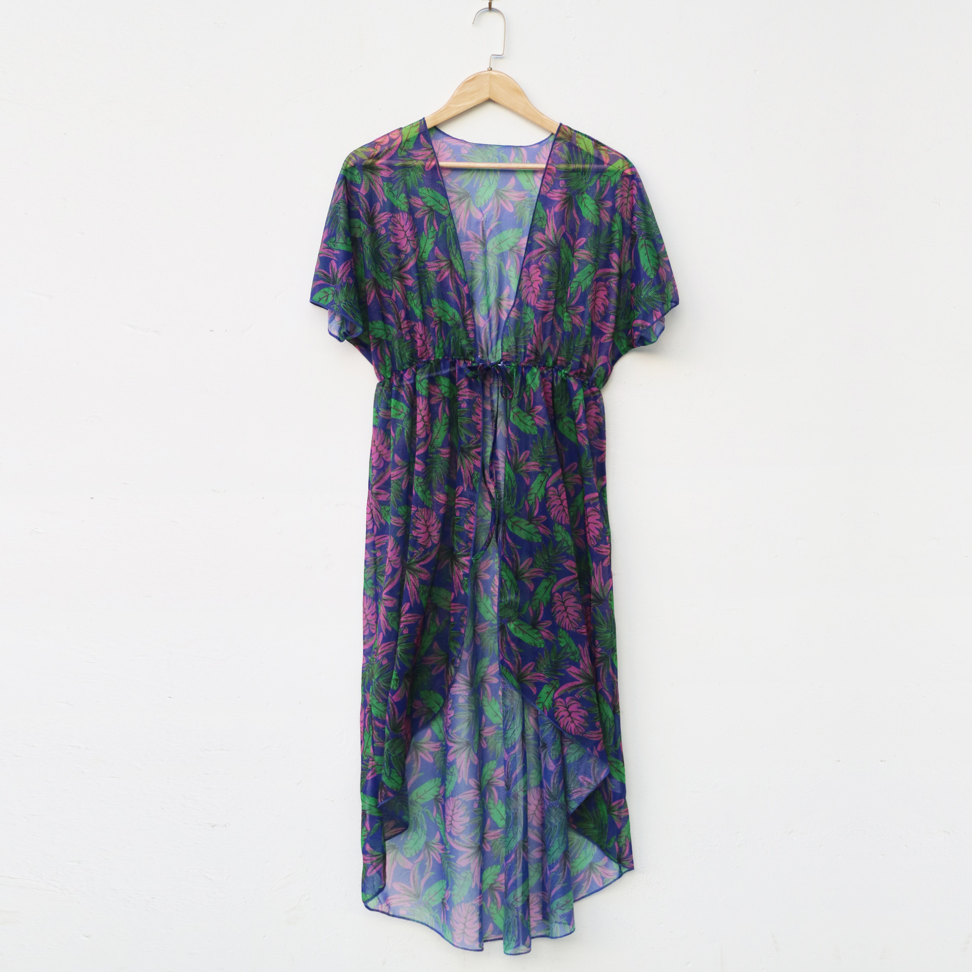 Women's Leaf Print Tie-Front Open Cardigan Loose Irregular Sun Protection Cover-Up