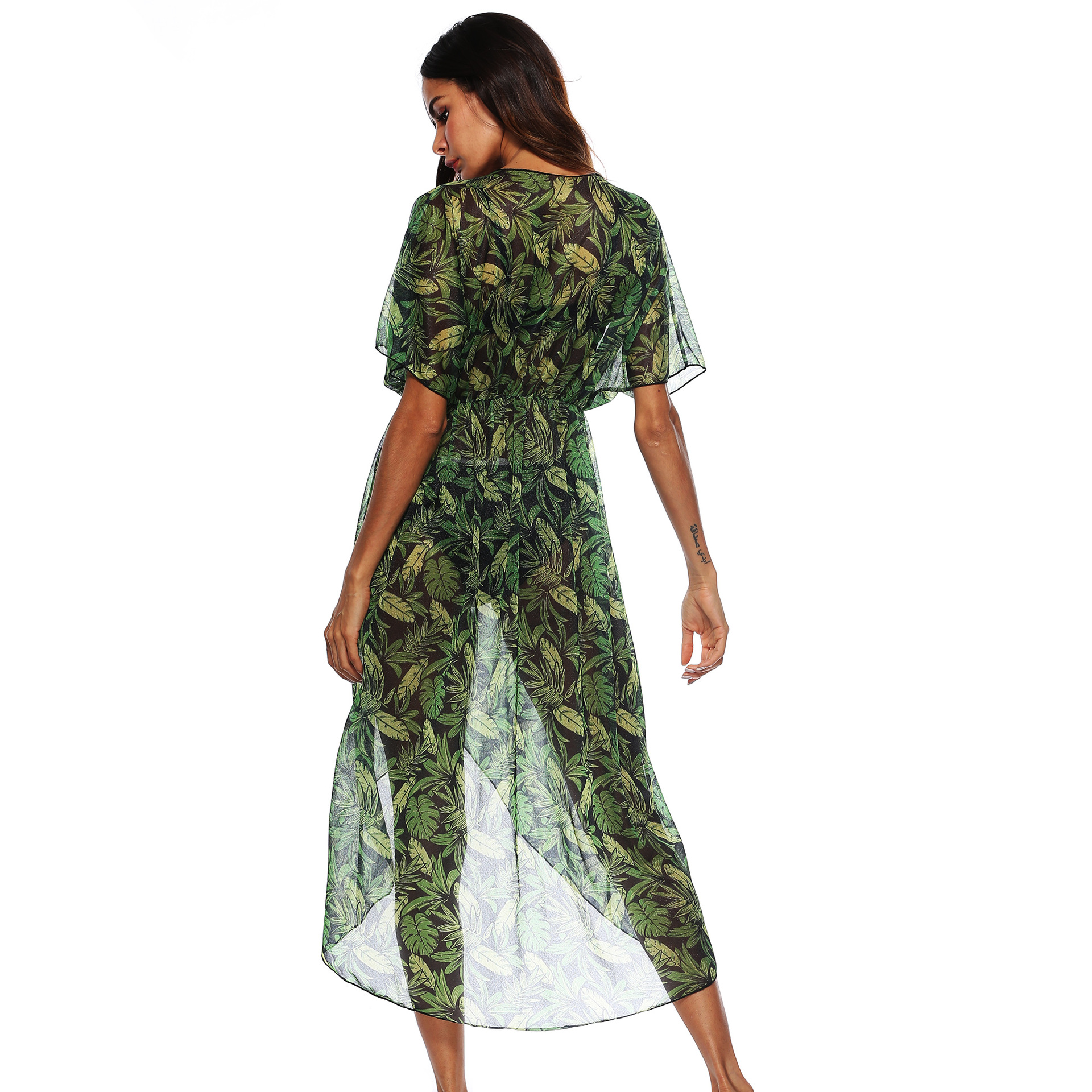 Women's Leaf Print Tie-Front Open Cardigan Loose Irregular Sun Protection Cover-Up
