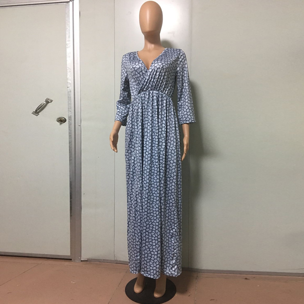 Sexy Plaid V-Neck Slit Print Asymmetric Long Dress