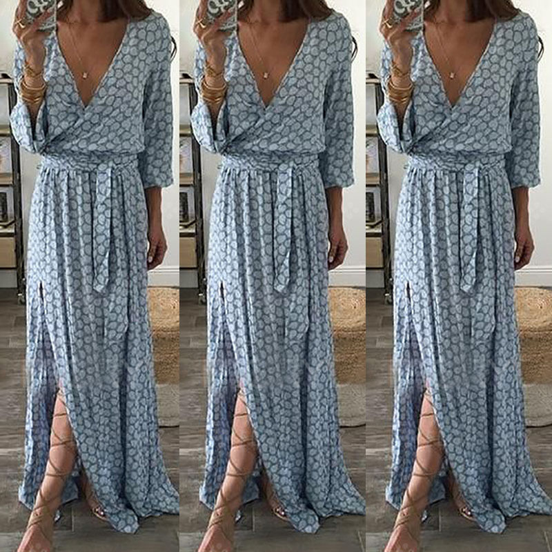 Sexy Plaid V-Neck Slit Print Asymmetric Long Dress