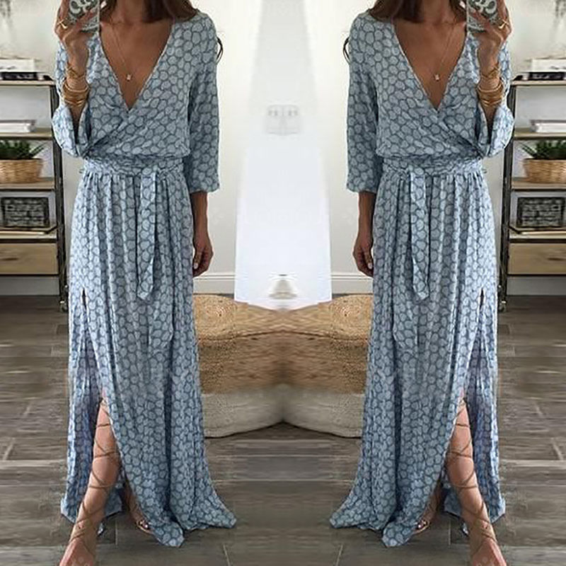 Sexy Plaid V-Neck Slit Print Asymmetric Long Dress