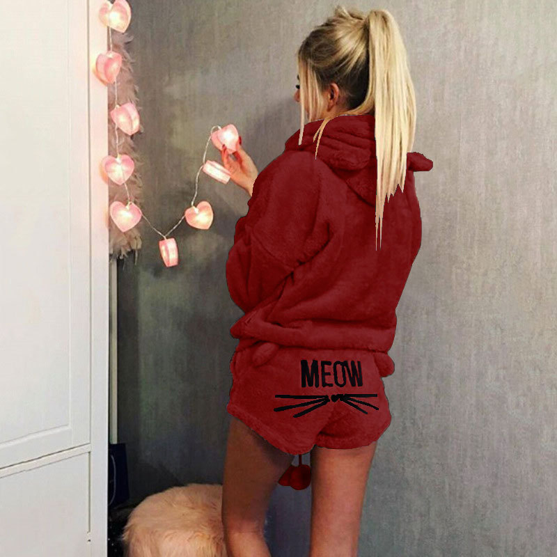 Cat Embroidered Hooded Loungewear Two-Piece Set