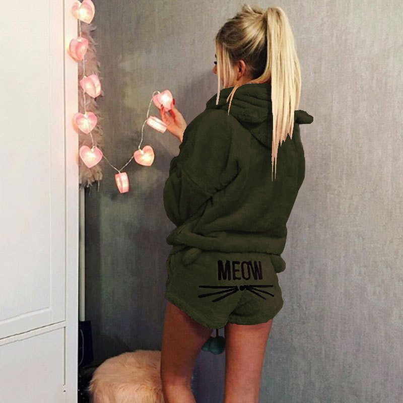 Cat Embroidered Hooded Loungewear Two-Piece Set