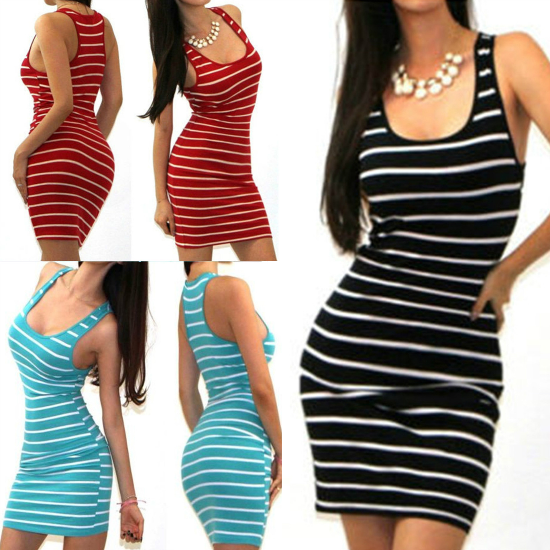 Black and White Striped Sleeveless Tank Dress Slim Fit Long