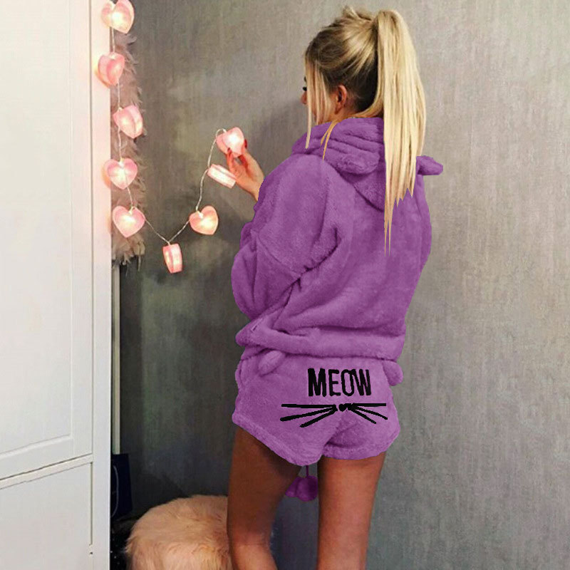 Cat Embroidered Hooded Loungewear Two-Piece Set