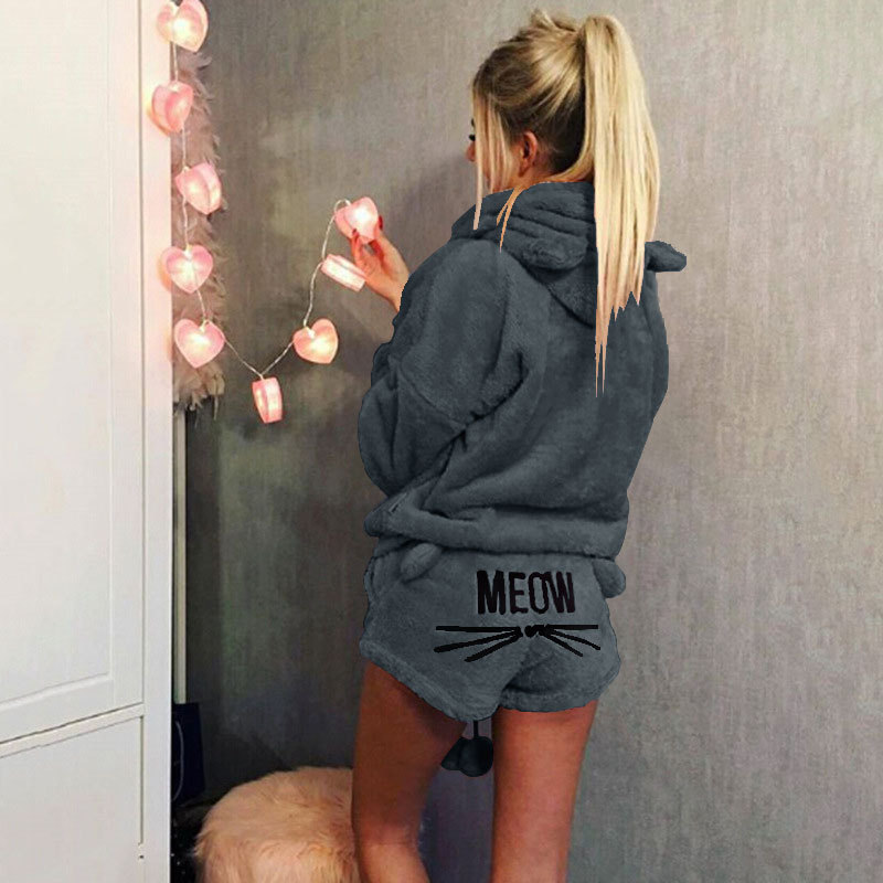 Cat Embroidered Hooded Loungewear Two-Piece Set