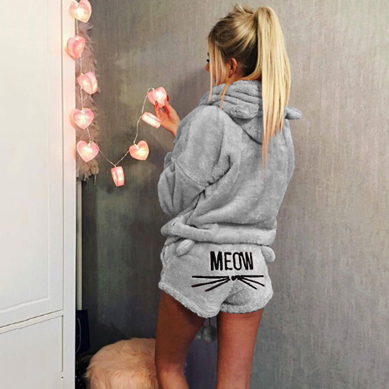 Cat Embroidered Hooded Loungewear Two-Piece Set
